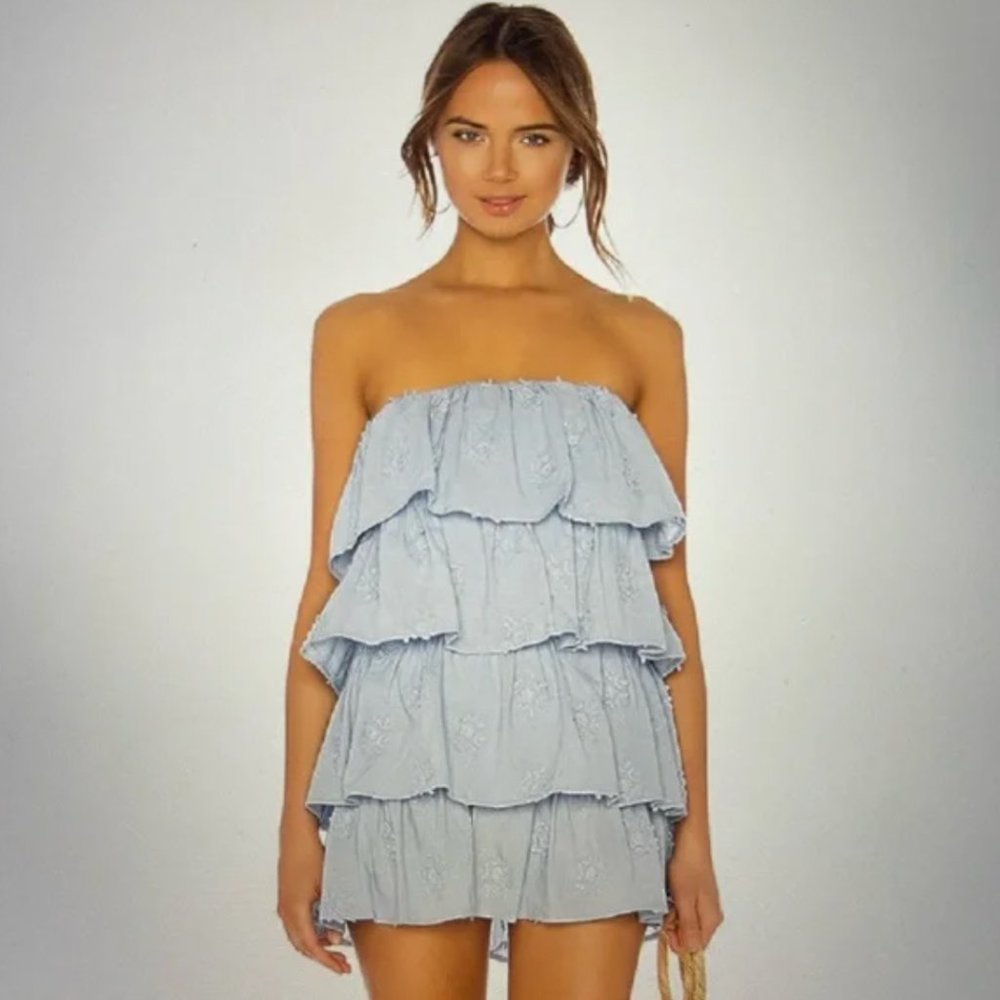 REVOLVE Strapless blue ruffle flower embroidered dress TULAROSA NWT XS